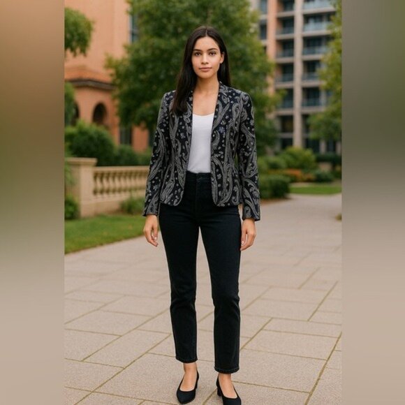 Chico’s Paisley Open Front Jacket Size 0 (4) Purple Black Gray Multicolor - Picture 12 of 12